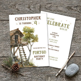 Fun Fort Rustic Watercolor Boy's 4th Birthday Invitation