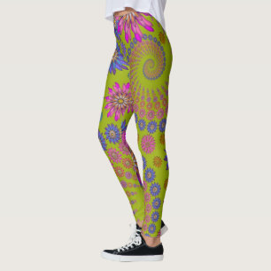 Fun Fractal Art Geometric Flowers Hippie Green Leggings