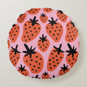 Fun free hand flower and strawberry drawing. Seaml Round Cushion