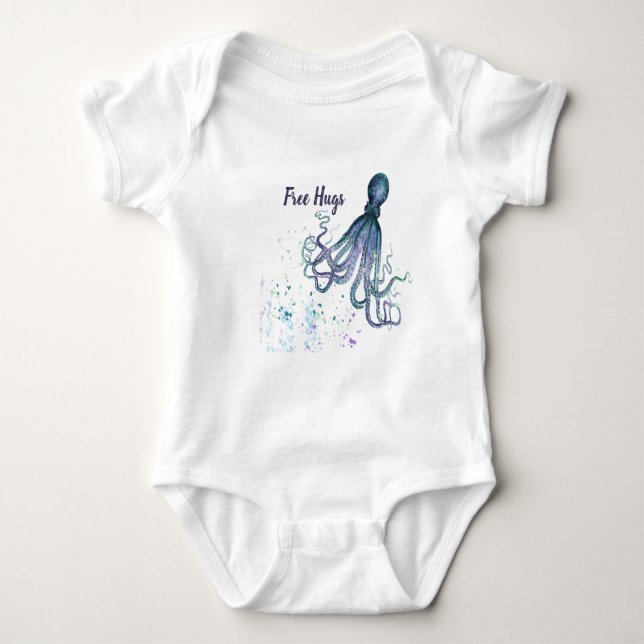 Fun Free Hugs Quote with Octopus Cute Ocean Animal Baby Bodysuit (Front)