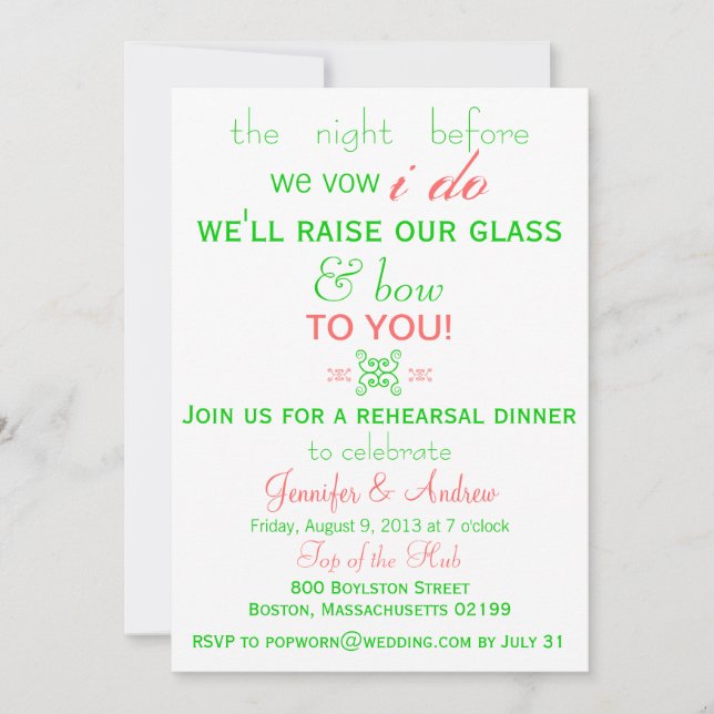 Fun, Fresh Rehearsal Dinner Invitation Mint Green (Front)