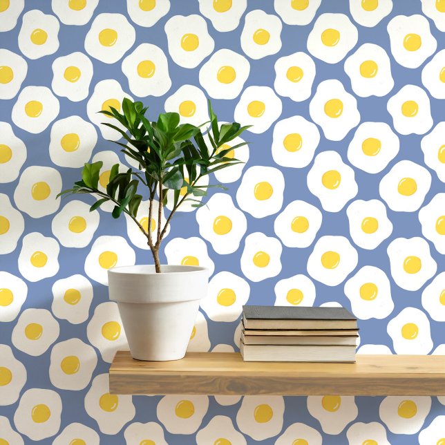 Fun Fried Eggs Blue Pattern Wallpaper (Fun fried egg food art peel and stick wallpaper for kitchen, diner, cafe or restaurant)