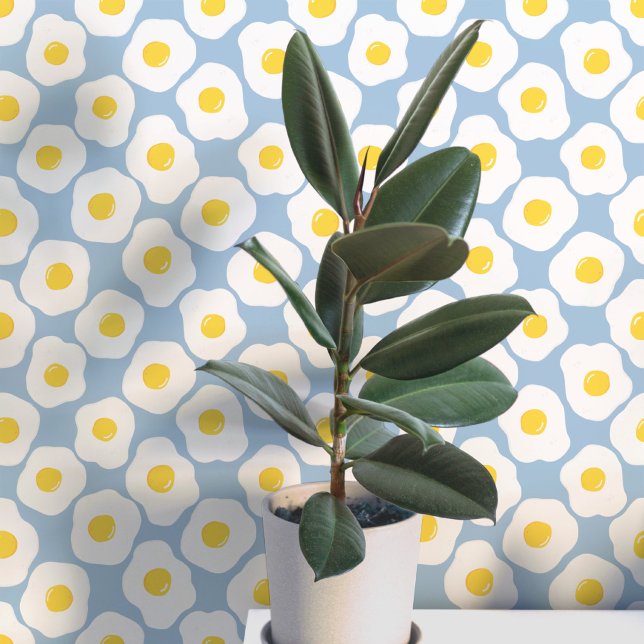 Fun Fried Eggs Teal Blue Pattern Wallpaper (Fun fried egg food art peel and stick wallpaper for kitchen, diner, cafe or restaurant)