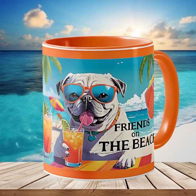 Fun Friends Dogs Summer Beach Coffee Mug (Mug featuring a collage of two dogs having a drink on a sunny summer beach. Great for a dog lover.)