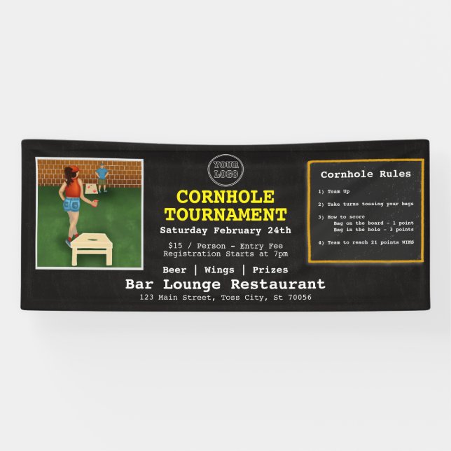 Fun Fundraiser Bar Restaurant Cornhole Tournament Banner (Horizontal)