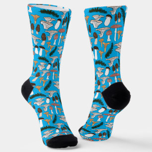 Fun Fungi Mushroom Fern Pattern Foraging Blue Socks