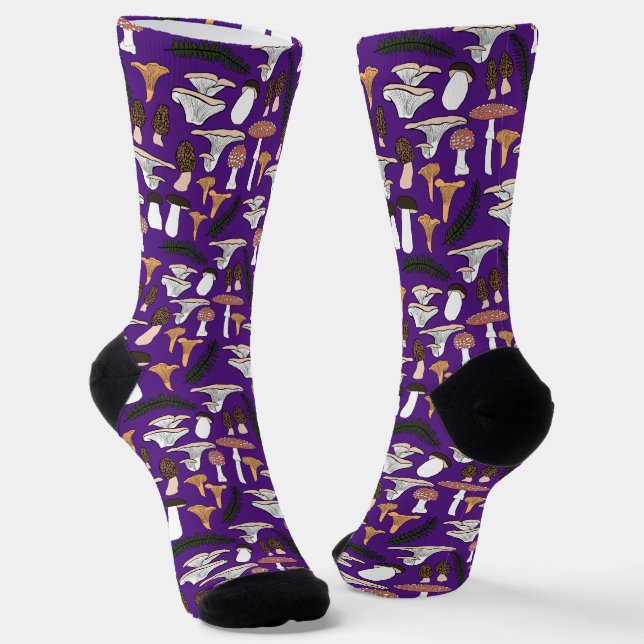 Fun Fungi Mushroom Fern Pattern Foraging Purple Socks (Angled)