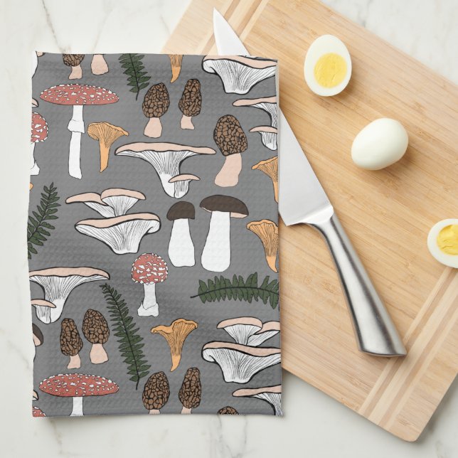 Fun Fungi Mushroom Fern Pattern Tea Towel (Quarter Fold)