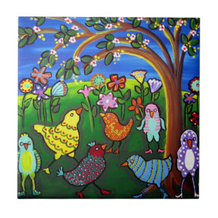 Fun Funky Colourful Birds Whimsical Folk Art Tile