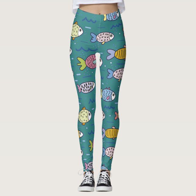 Fun Funky Fish Swimming in Teal Water Whimsical Leggings (Front)
