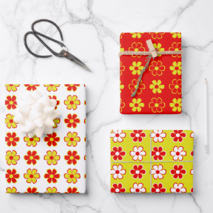 Fun Funky Flowers, Cute Colourful Retro Pattern Wrapping Paper Sheet