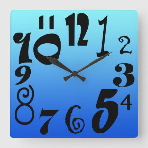 Fun funky numbers - electric blue gradient square wall clock