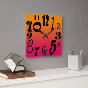 Fun funky numbers - hot red to orange gradient square wall clock