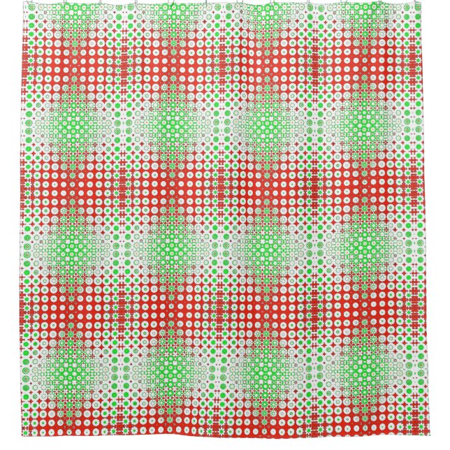 Fun, funky retro green, red, yellow pattern shower curtain (Front)