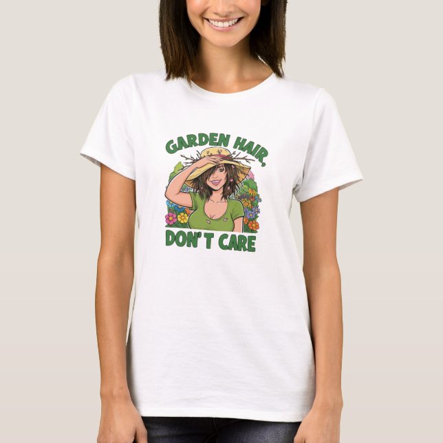 Fun garden t-shirt - Garden hair, don't care (Front)