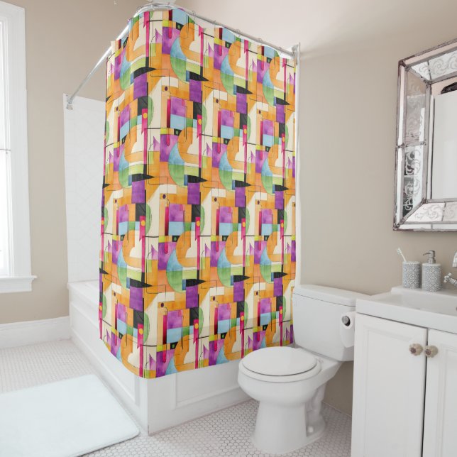 Fun Geometric Abstract in Orange, Green & Purple Shower Curtain (In Situ)