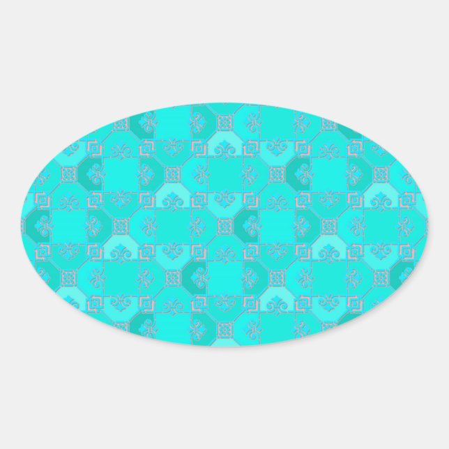 Fun Geometric Pattern in Shades of Turquoise Oval Sticker (Front)