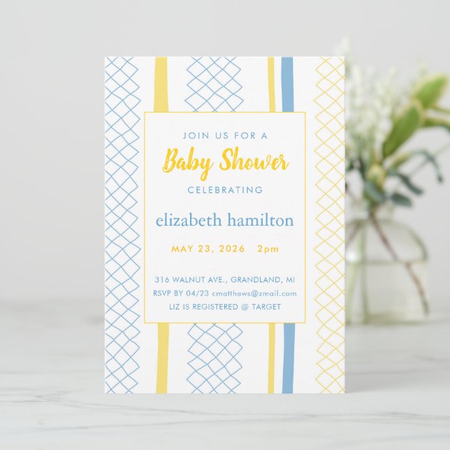 Fun Geometric Yellow & Blue Baby Shower Invitation (Standing Front)