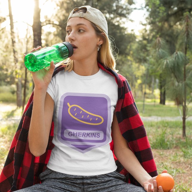 Fun Gherkin Pickle Icon Purple and Yellow T-Shirt (Creator Uploaded)