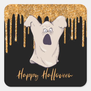 Fun Ghost Orange Glitter Halloween Square Sticker
