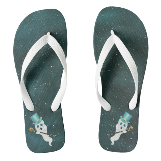 Fun Ghosts Floating in Galaxy Sky With Top Hats  Thongs (Footbed)