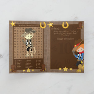 Fun Ginger Boys Cowboy Word Search Happy Birthday Card