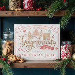Fun Gingerbread Bakery Co Personalised Family Name Wooden Box Sign<br><div class="desc">The perfect holiday decor piece for family home baking. Celebrate the magical festive baking holiday season with our custom personalised gingerbread baking co sign. Design features our handprinted gingerbread houses and snowman cookie, along with other sweet confection treats. A fun candy cane frame design with baked fresh daily displayed, along...</div>