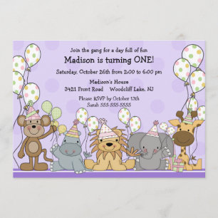 Fun Girls Safari Animals Birthday Invitation