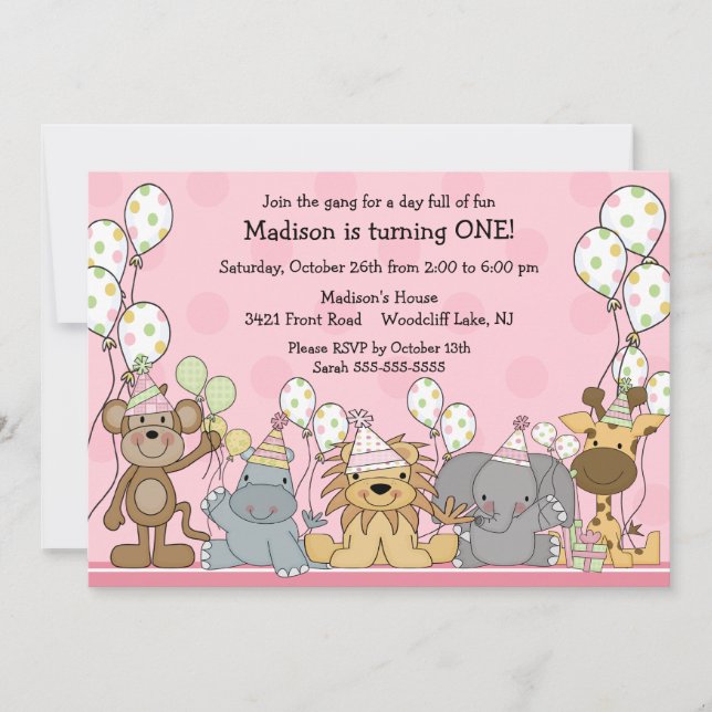 Fun Girls Safari Animals Birthday Invitation (Front)