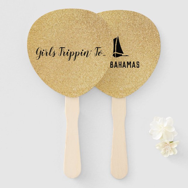 Fun Girls Trippin' to... Your Destination on Gold Hand Fan (Front and Back)