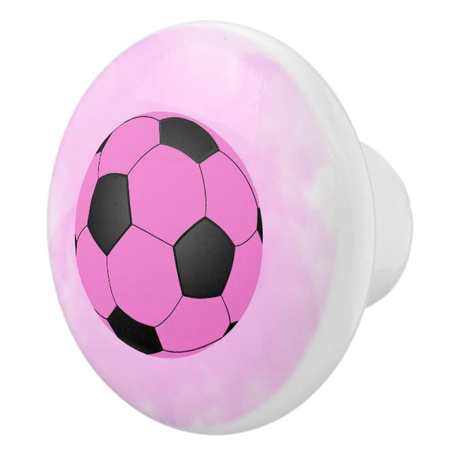 Fun Girly Bright Pink Black Soccer Ball Ceramic Knob (Right)