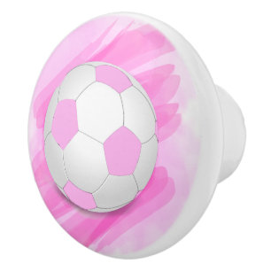 Fun Girly Bright Pink Black Soccer Ball Ceramic Knob