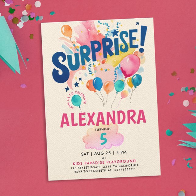 Fun Girly Colourful Surprise Baloon Bday Watercolo Invitation (Creator Uploaded)