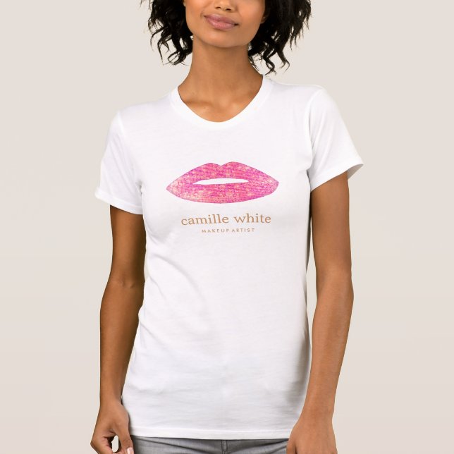 Fun Girly Makeup Artist Pink Sequin Lips T-Shirt (Front)