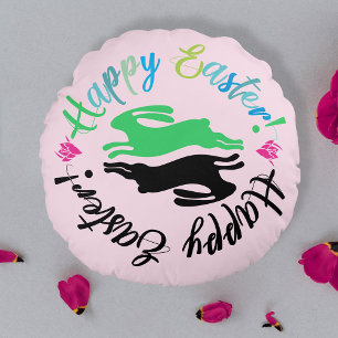 Fun Girly Pink Colourful Easter Bunnies Typography Round Cushion