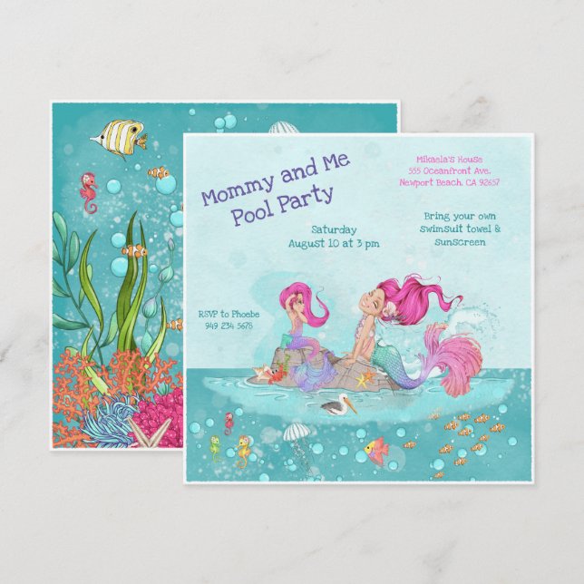 Fun Girly Pink Hair Mermaid Mummy & Me Pool Party Invitation (Front/Back)