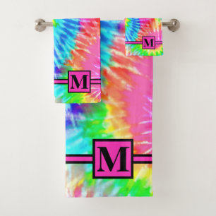 Fun Girly Pink Rainbow Retro Tie Dye Monogrammed Bath Towel Set