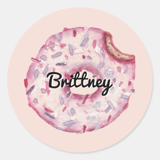 Fun Girly Pink Sprinkles Custom Name Doughnut Part Classic Round Sticker (Front)