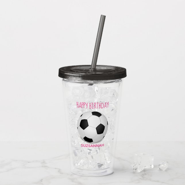 Fun Girly Soccer Ball Custom Pink Birthday Party Acrylic Tumbler (Back Ice)
