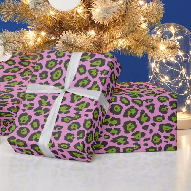 Fun girly stylish leopard animal print green pink wrapping paper (Holidays)