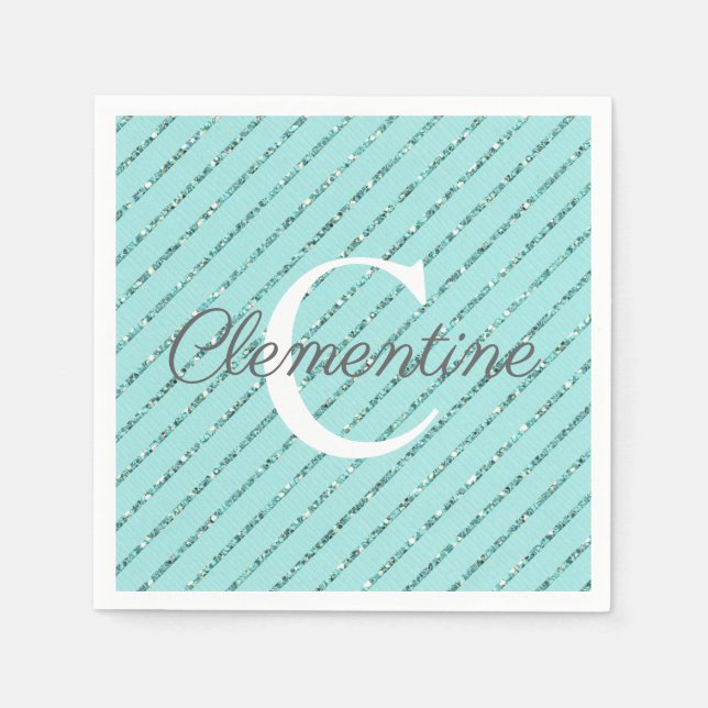 Fun Girly Teal Blue Glitter Stripes Monogram Napkin (Front)