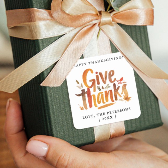 Fun Give Thanks Gratitude Fall Colours Brush Scrip Square Sticker (Creator Uploaded)