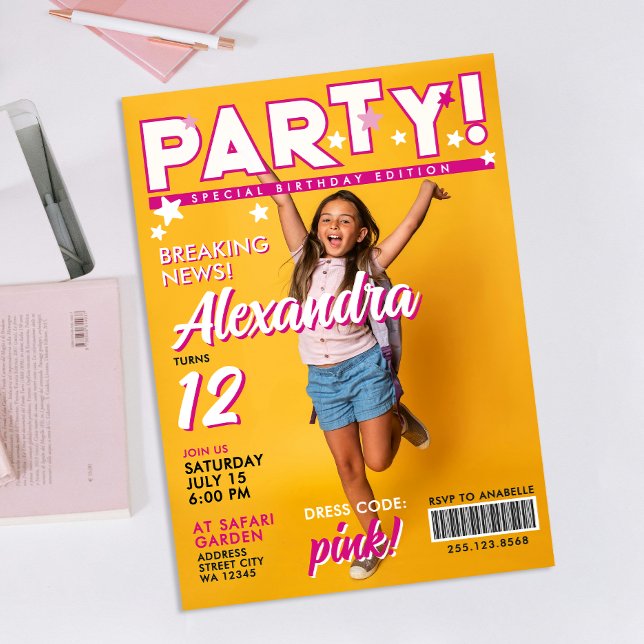 Fun Glam Colorful Pink Girl 12th Celebrity Party  Invitation (Creator Uploaded)