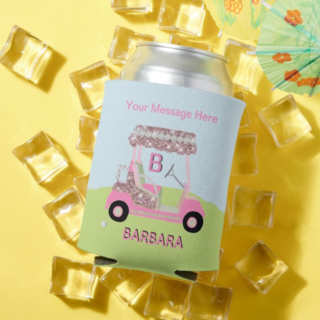 Fun Glam Golf Cart Message Monogram Name Can Cooler (In Situ Summer)