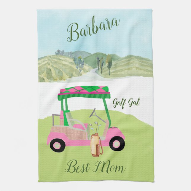 Fun Glam Golf Cart Scenic Best Mum Name   Tea Towel (Vertical)