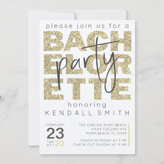 Fun Glamourous Gold Sparkle Bachelorette Invitation (Front)