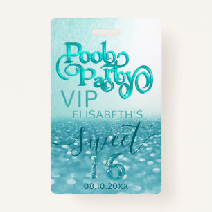 Fun glitter script pool party Sweet 16 VIP  Badge ID Badge