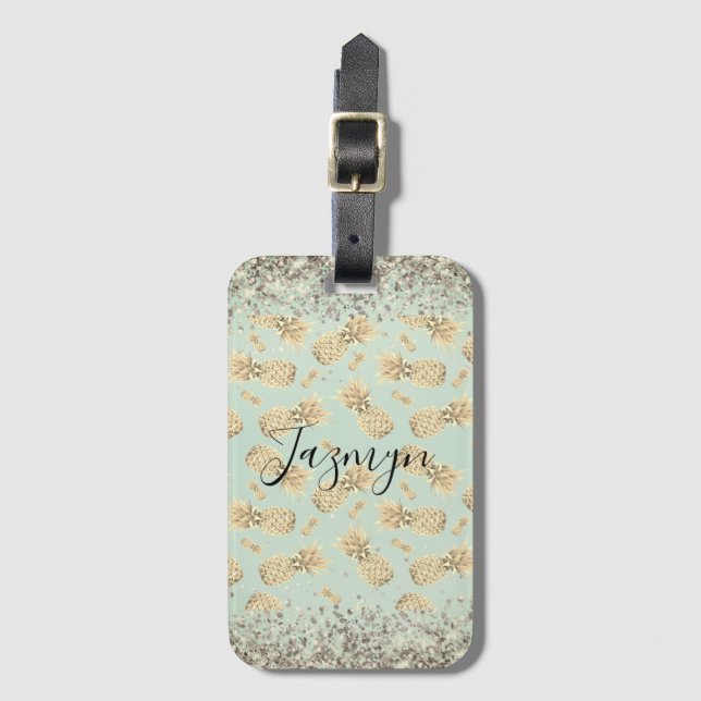 Fun Glittery Golden Pineapples Personalised   Luggage Tag (Front Vertical)