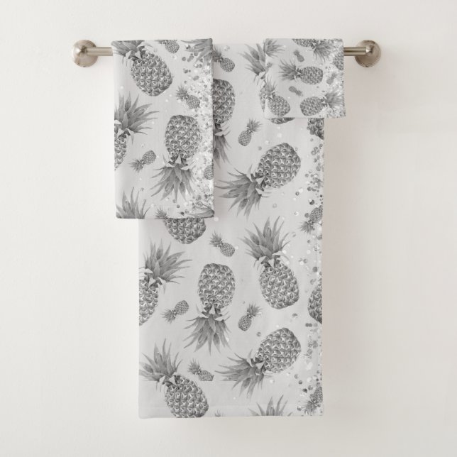 Fun Glittery Silver Pineapples  Bath Towel Set (Insitu)
