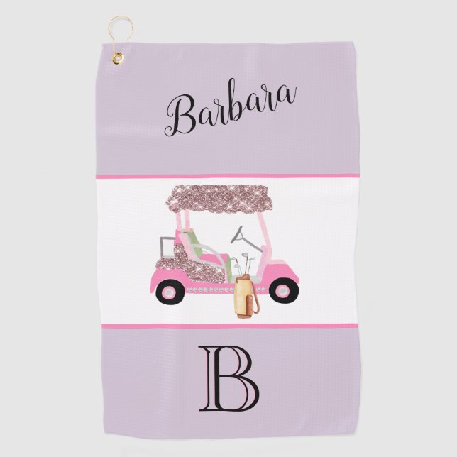 Fun Glitzy Golf Cart Monogram Name Golf Towel (Front)